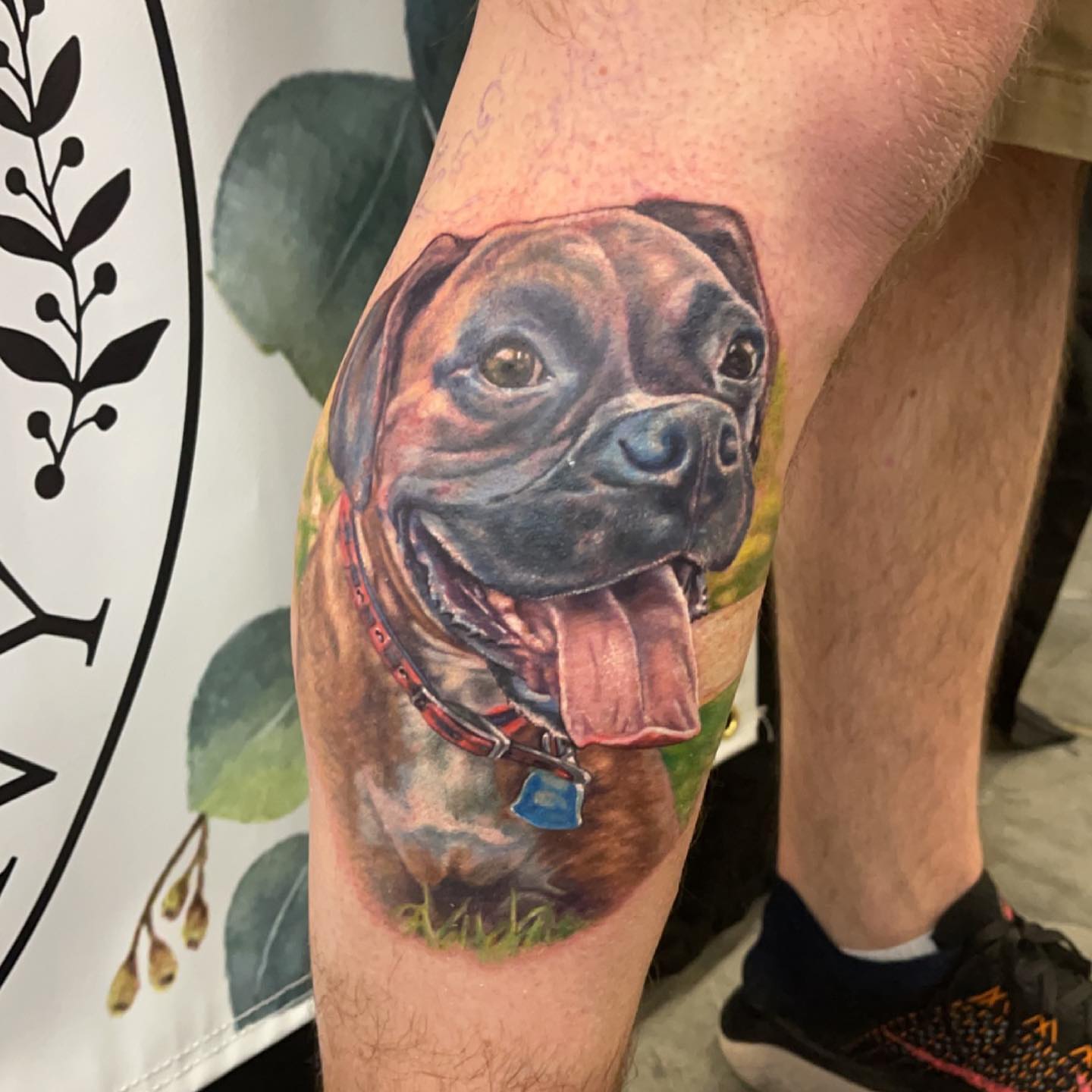 Boxer dog realism tattoo on the forearm by Amber Joy (AJ)