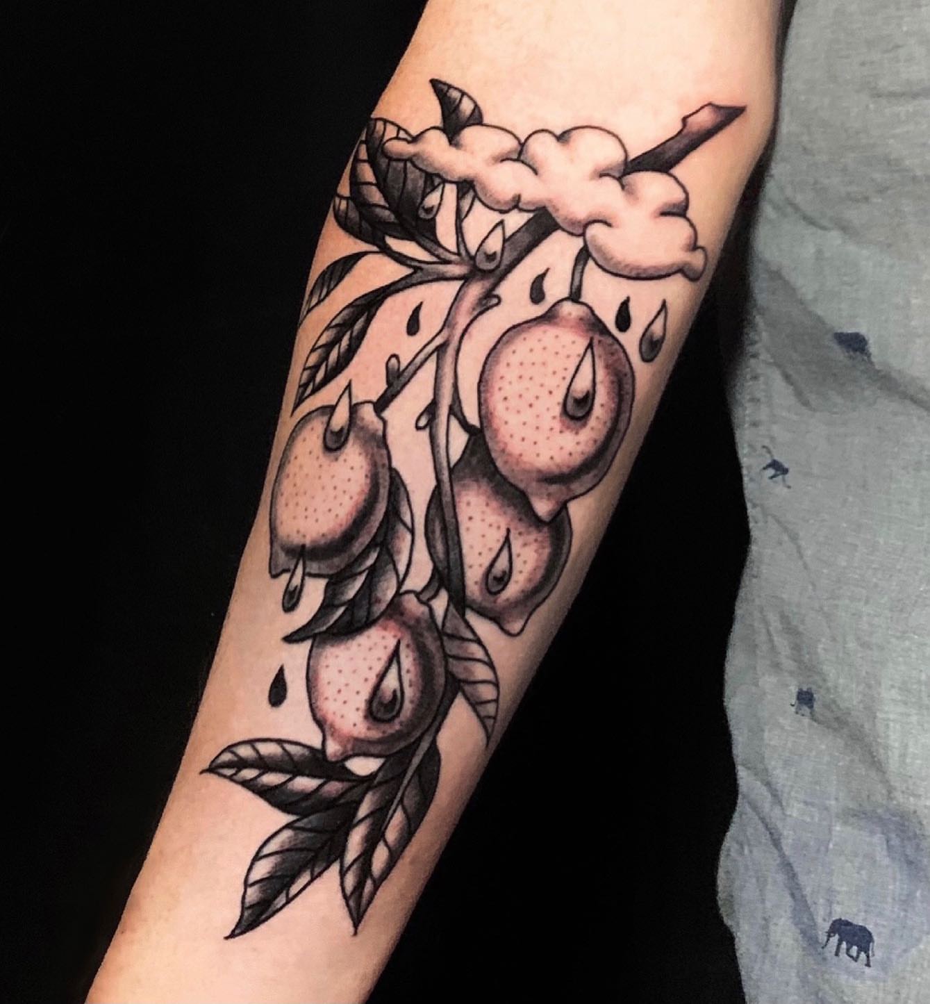 Peaches American traditional tattoo on the forearm by David Mendieta