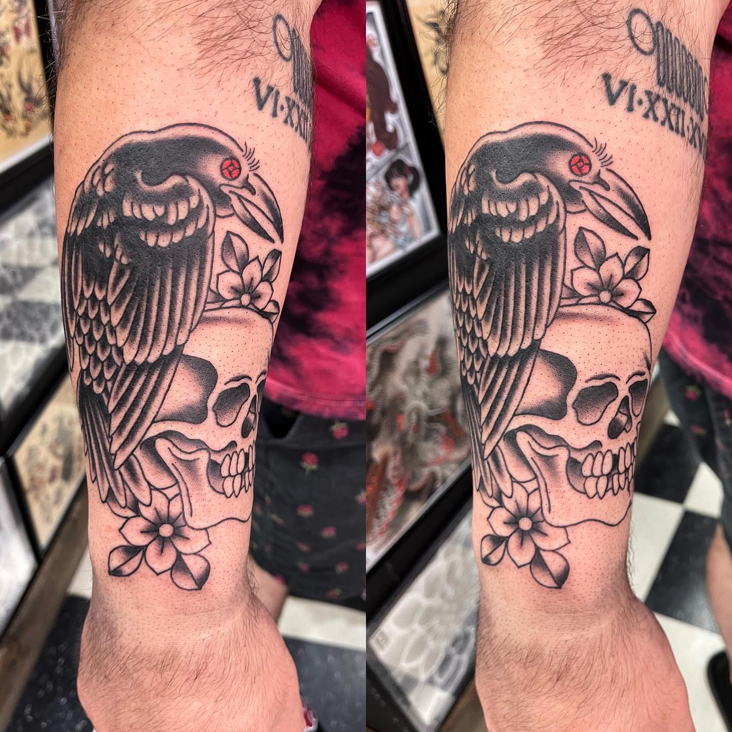 Crow and skull American traditional tattoo on the forearm by Jake Snoddy, Franklin, Tennessee