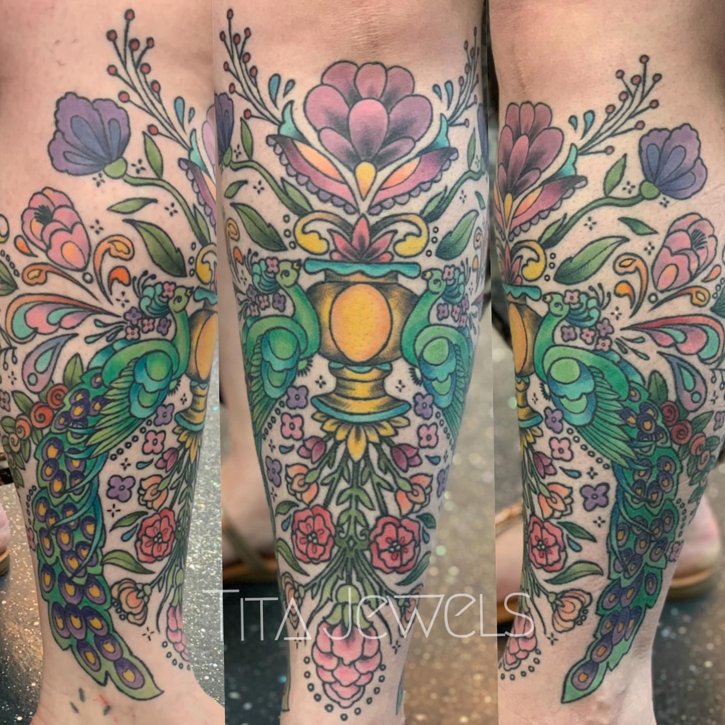 Peacock and floral bouquet American traditional tattoo on the forearm by Tita Jewels- Tattoo Artist, Austin, Texas