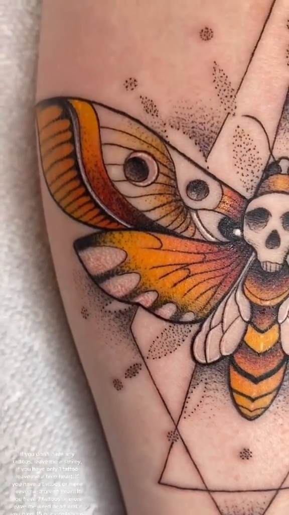 Death's-head hawkmoth with skull geometric tattoo by Tattoos by Hanna, Farmington Hills, Michigan