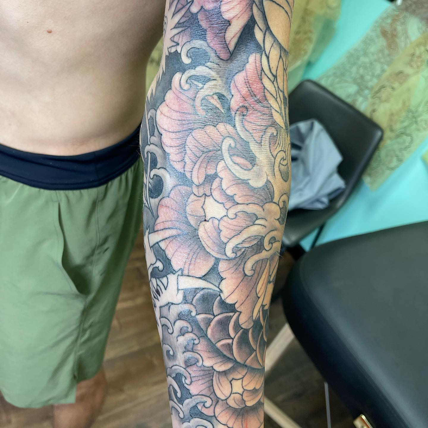 Floral design japanese irezumi tattoo on the forearm by Mark Thompson, Dallas, Texas