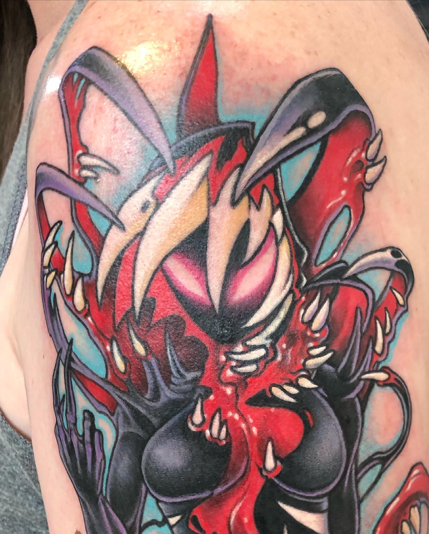 Demon dark realism tattoo on the shoulder by Walter Frank