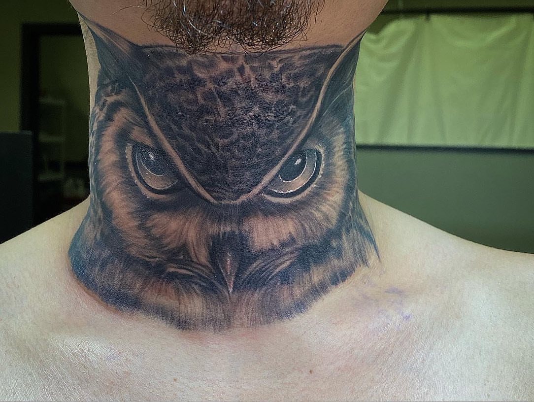 Owl realism tattoo on the neck by TattsByShorty
