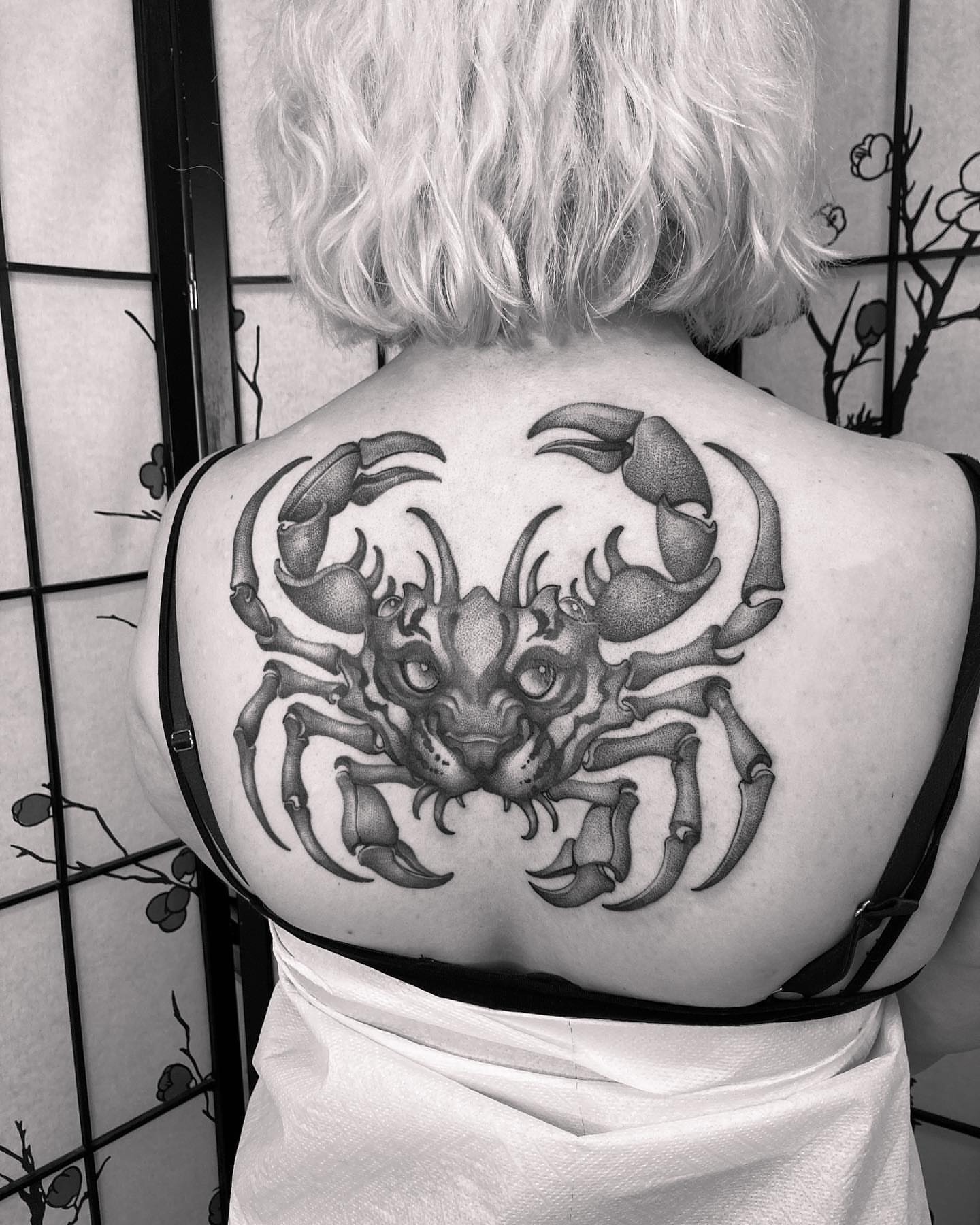 Scorpion black and grey tattoo on the back by Tattoo artist in Charlotte,NC