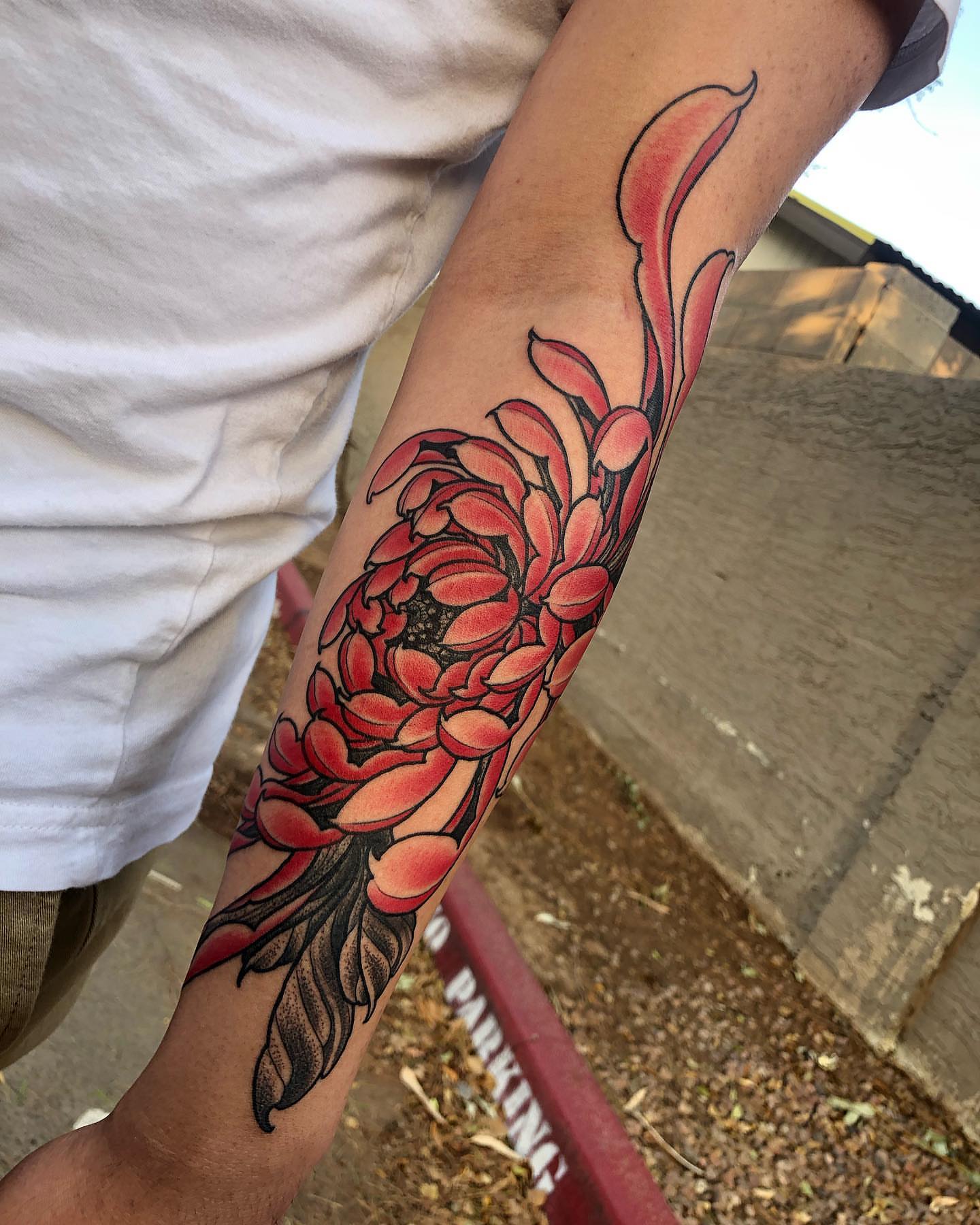 Chrysanthemum dotwork tattoo on the forearm by Byron Winkelman, Gilbert, Arizona