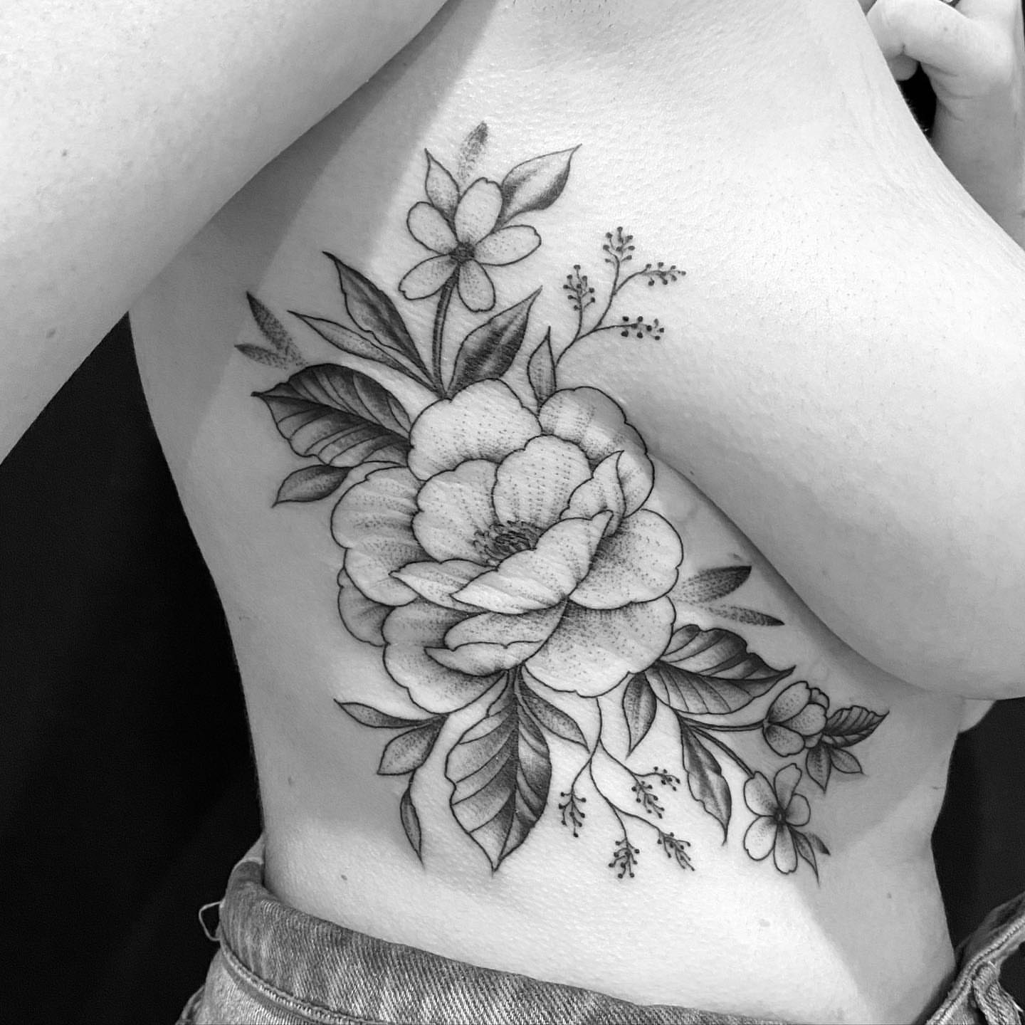 Peony and floral bouquet dotwork tattoo on the ribs by JARED Boston Tattooer: Traditional, Fine, Boston, Massachusetts