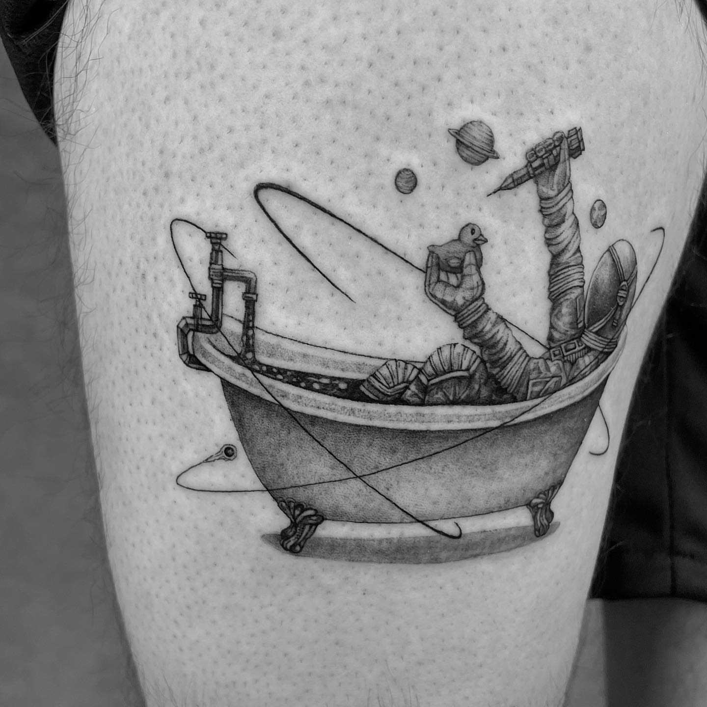 Astronaut in bathtub dotwork tattoo on the thigh by eugene k 🌈, San Francisco, California