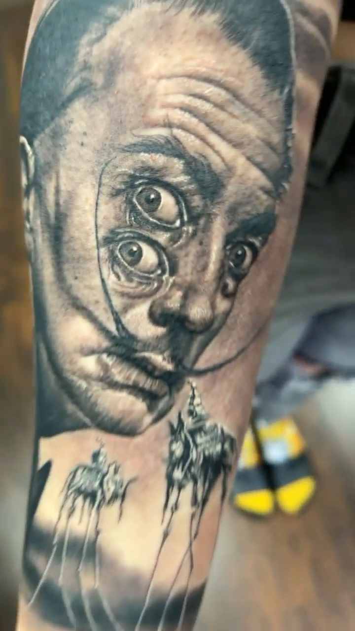 Salvador Dali portrait realism tattoo by Kevin Bradley Jr, Mesa, Arizona