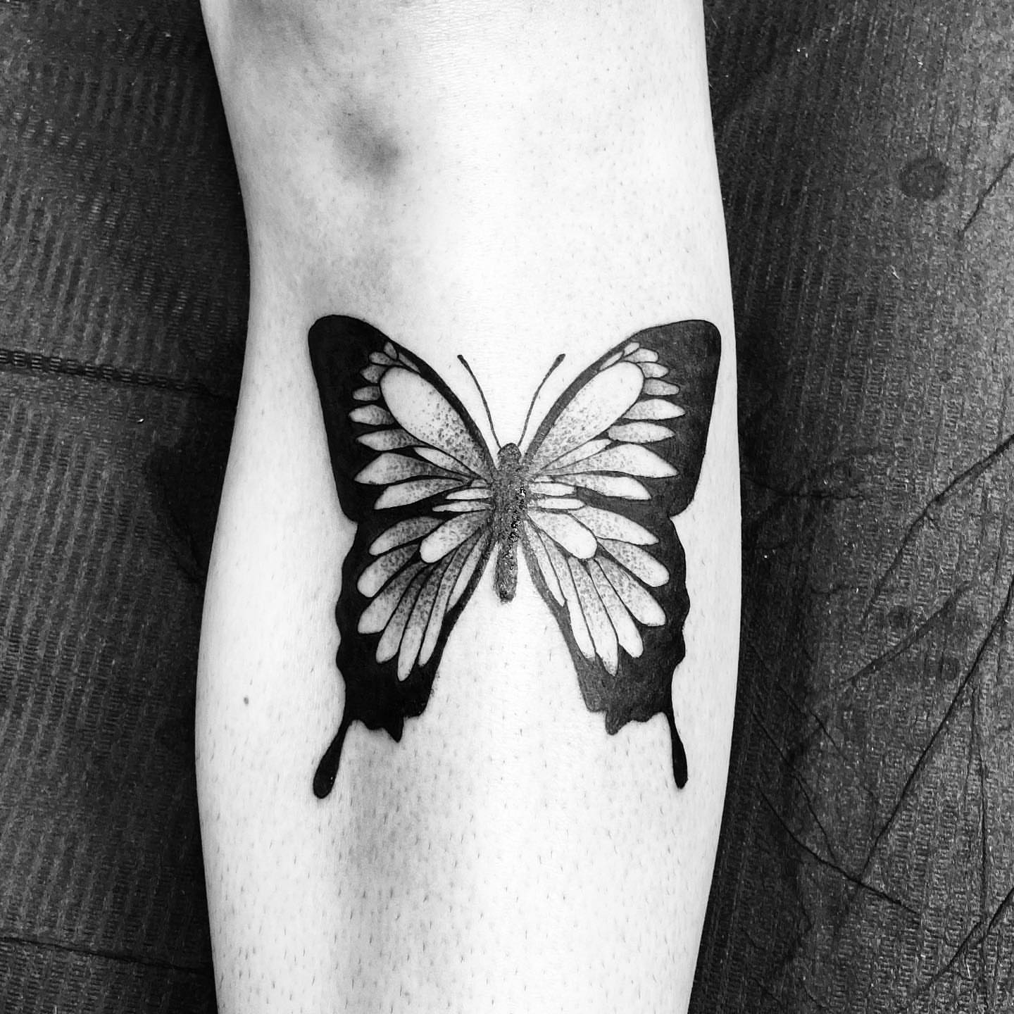 Butterfly black and grey tattoo on the forearm by Ałex, Portland, Oregon