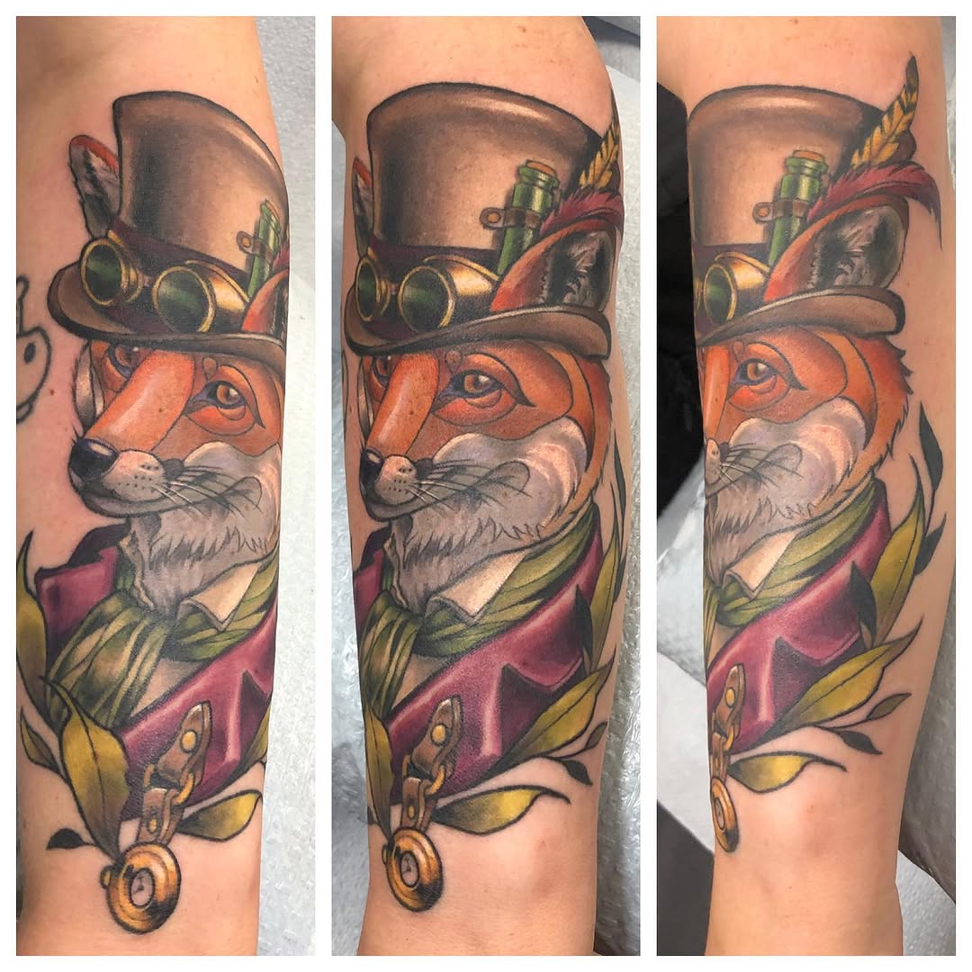 Steampunk fox tattoo on the forearm by Megan Merrell (Butler)