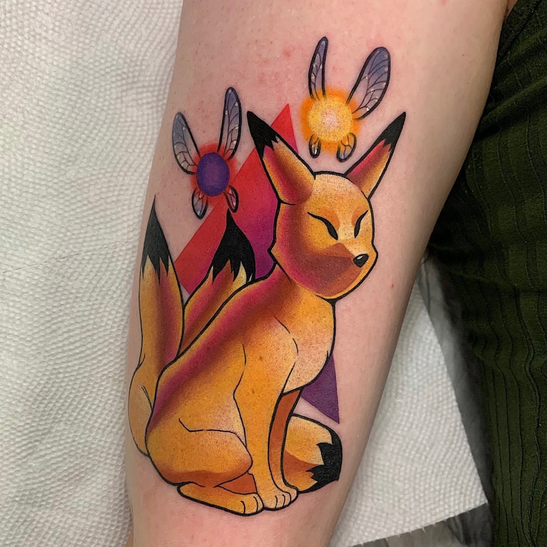 Fox anime tattoo on the forearm by Shelby Ouellette