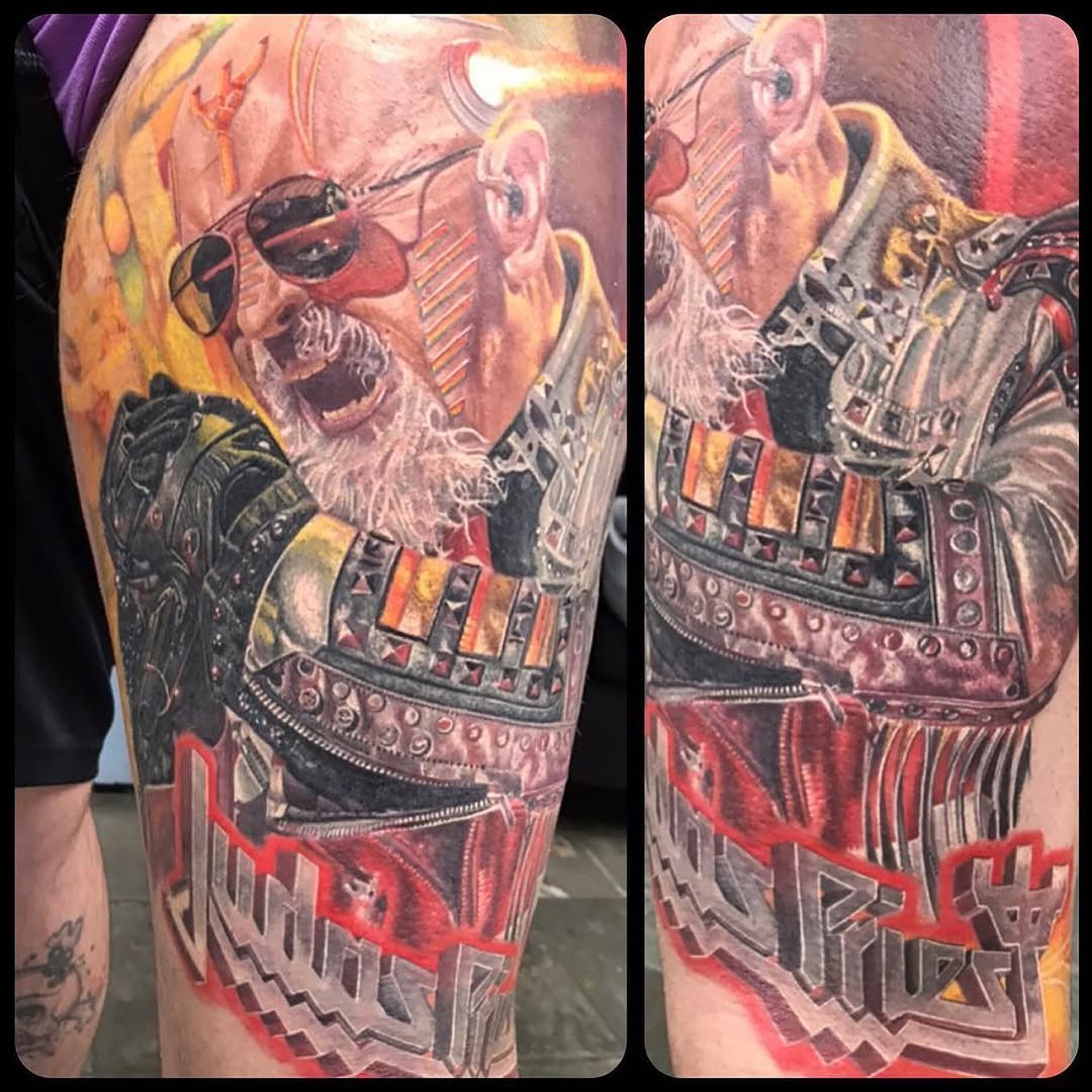 Rob Halford of Judas Priest realism tattoo on the thigh by Steve Peace Calgary based tattoo artist, Calgary, Alberta