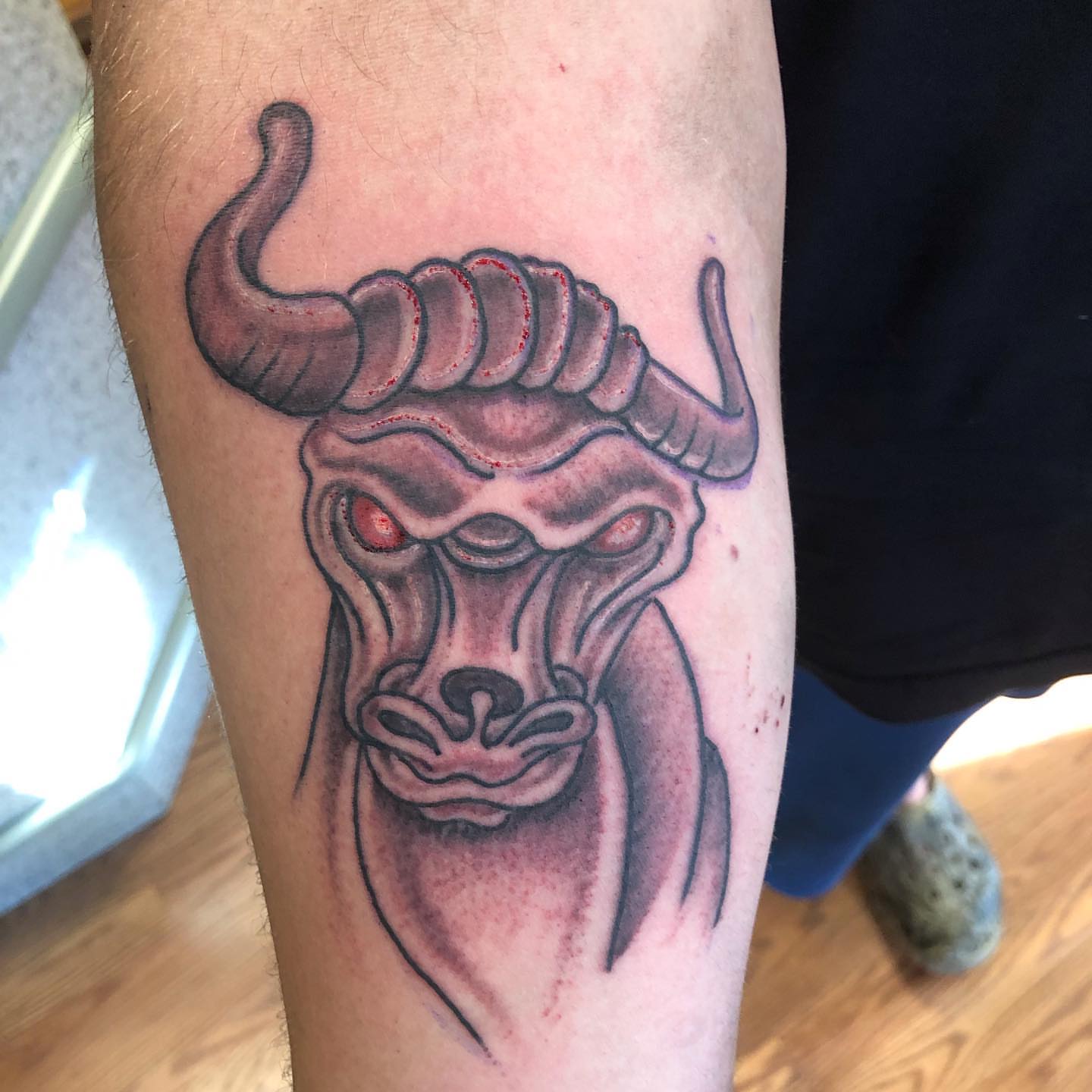 Bull head realism tattoo on the forearm by Strange Brew Tattoo