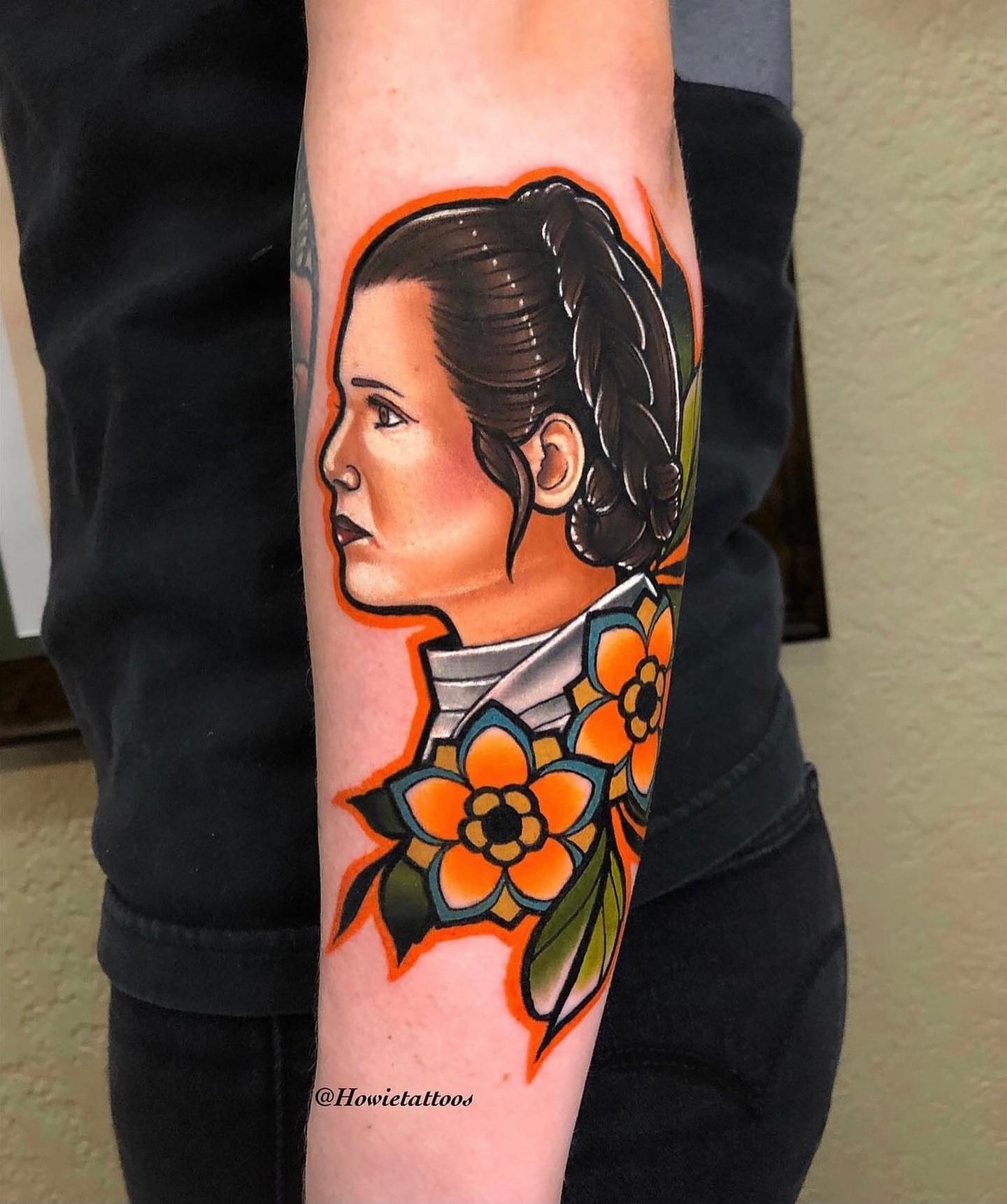 Portrait with flowers American traditional tattoo on the forearm by Brian Horowitz