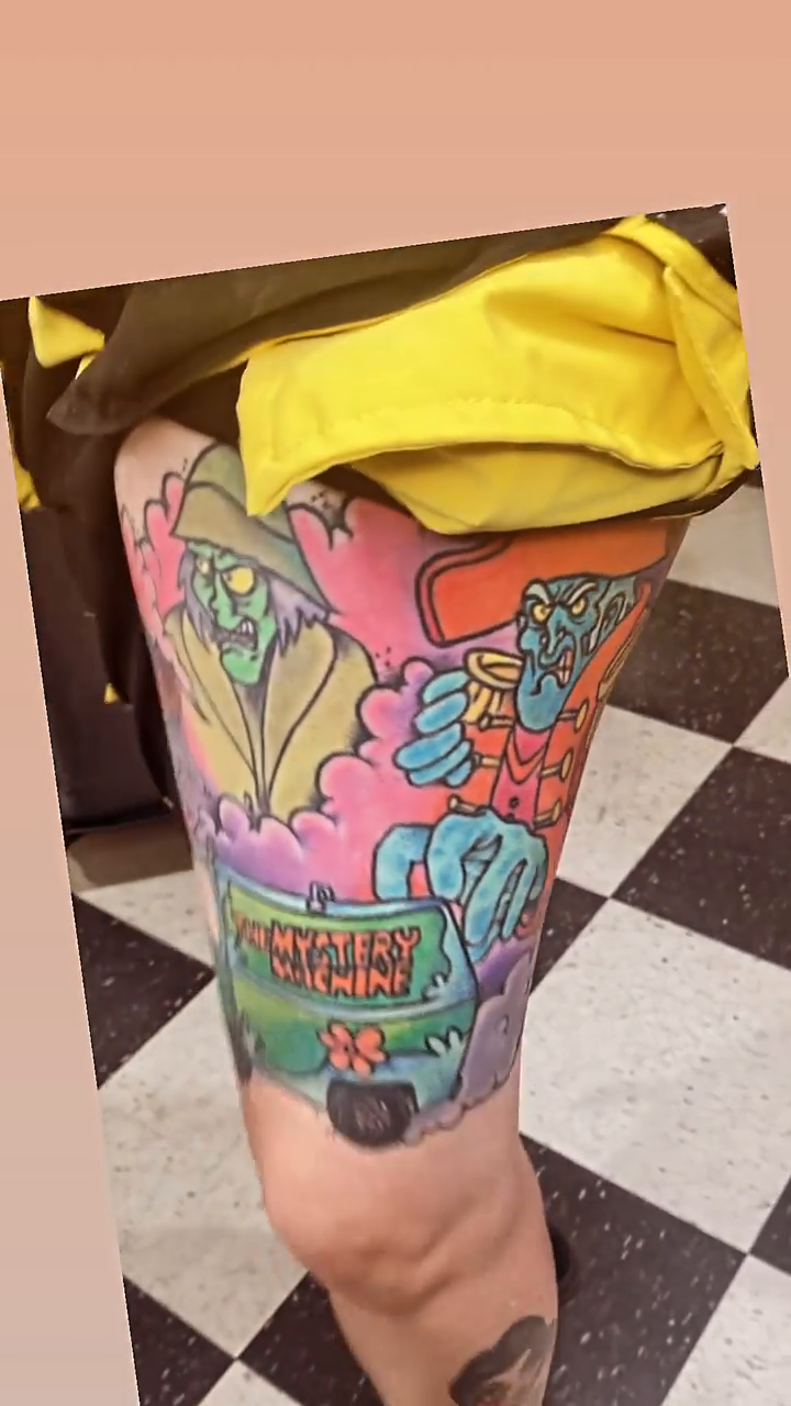 Scooby Doo characters and van new school tattoo by Edward Choat