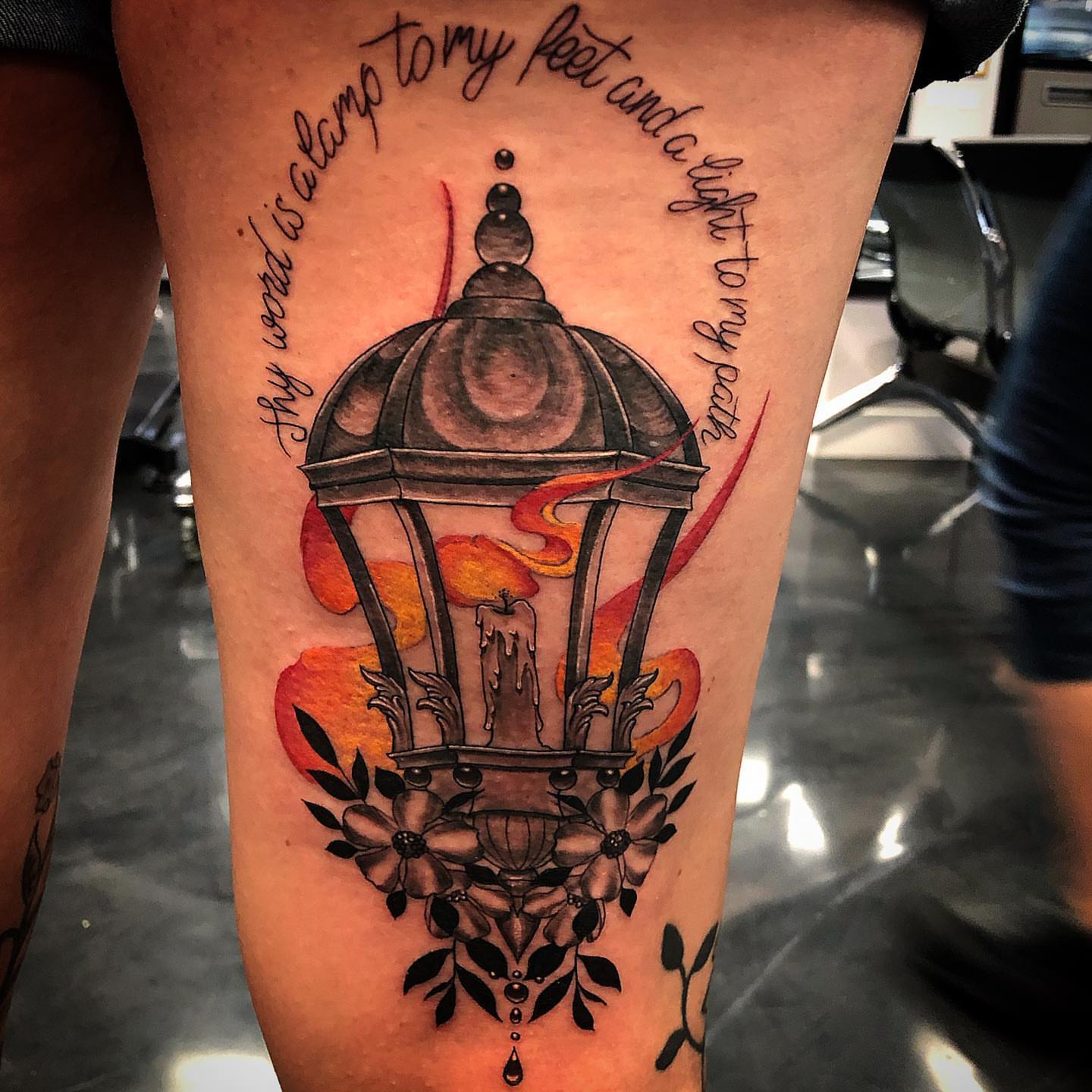 Lamp and flame dotwork tattoo on the thigh by 𝕵𝖆𝖞 𝕽𝖎𝖟𝖟𝖔