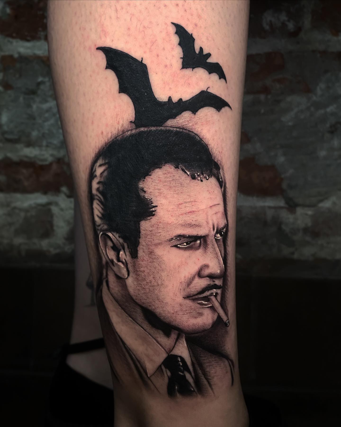 Man smoking cigar realism tattoo on the forearm by Nick Bridwell, Downey, California
