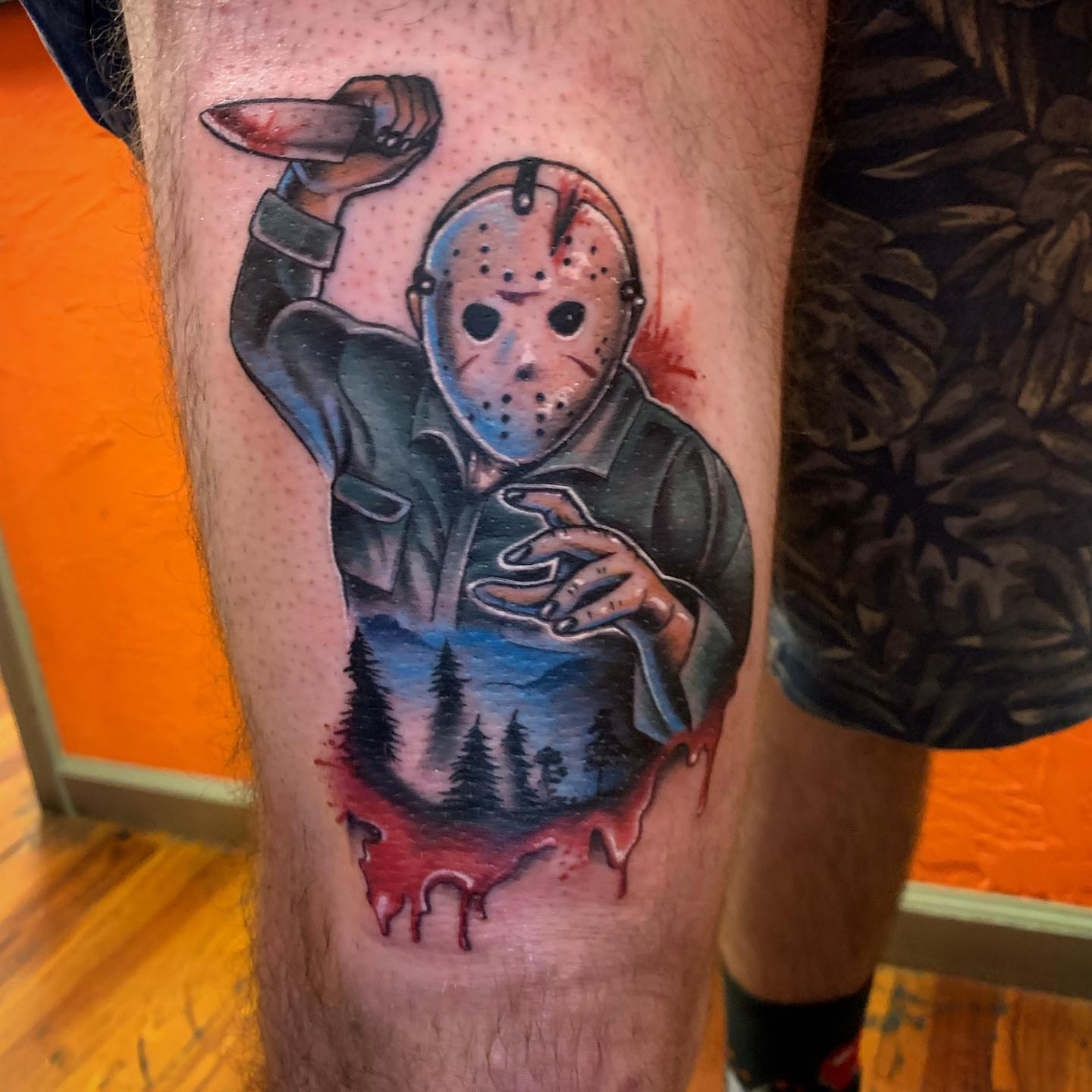 Jason voorhees dotwork tattoo on the thigh by Brad Sterling