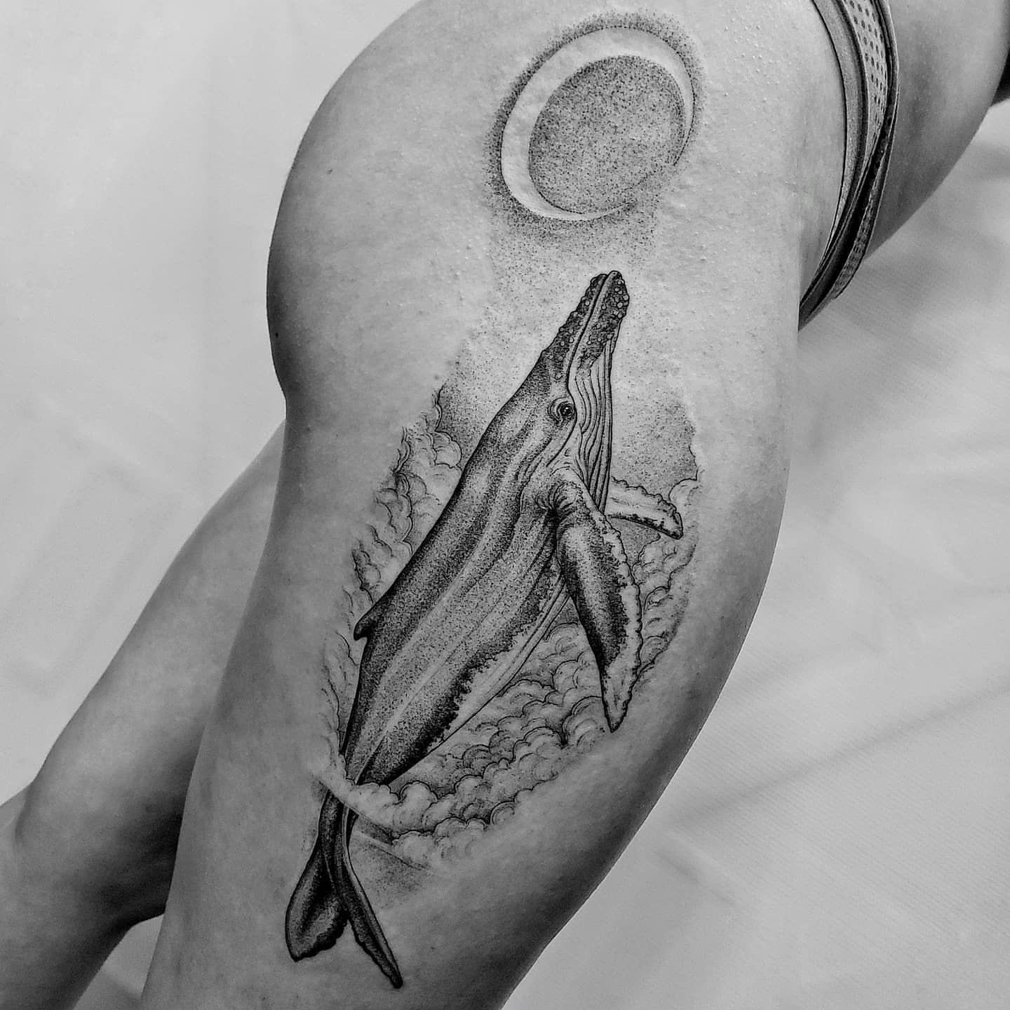 Whale dotwork tattoo on the thigh by Matthew Barnett