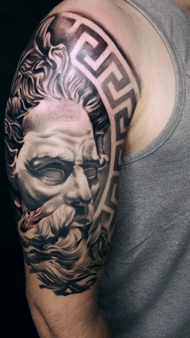 Greek god portrait realism tattoo by DH Tattooing