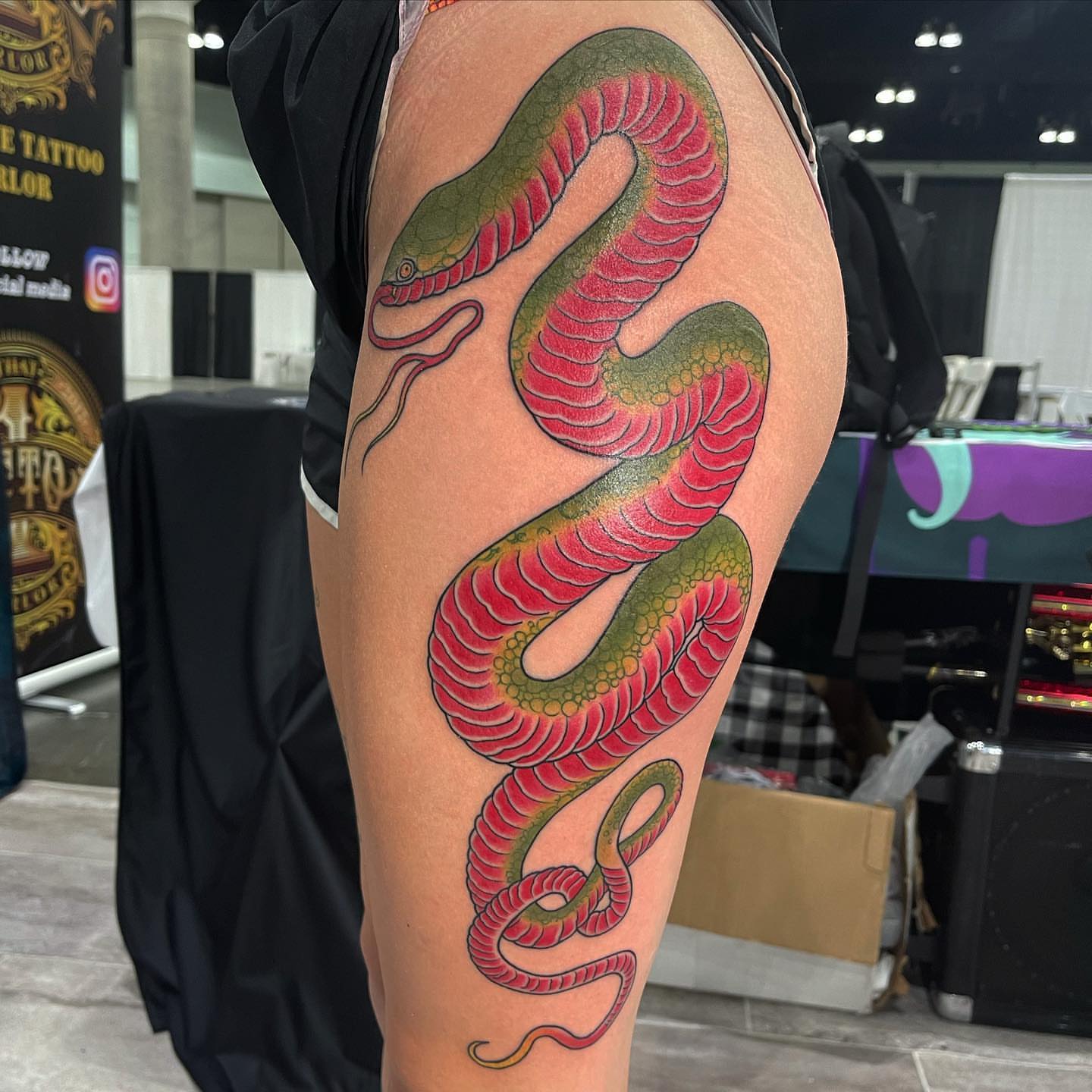 Snake American traditional tattoo on the thigh by Donovan hernandez