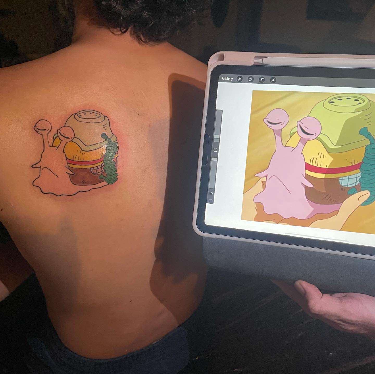 Snail and burger new school tattoo on the back by Shampooh