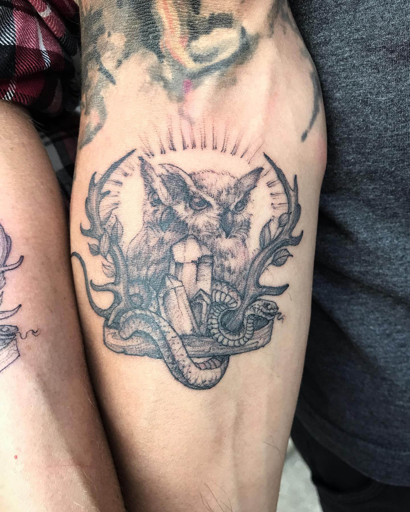 Owl and crystals black and grey tattoo on the forearm by Sarah Spread