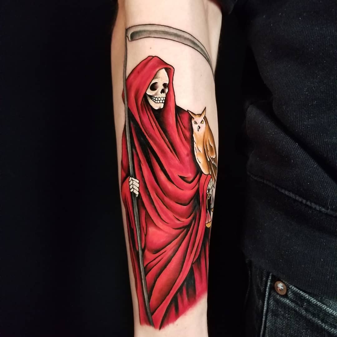 Reaper with owl realism tattoo on the forearm by CHiNO iNKs