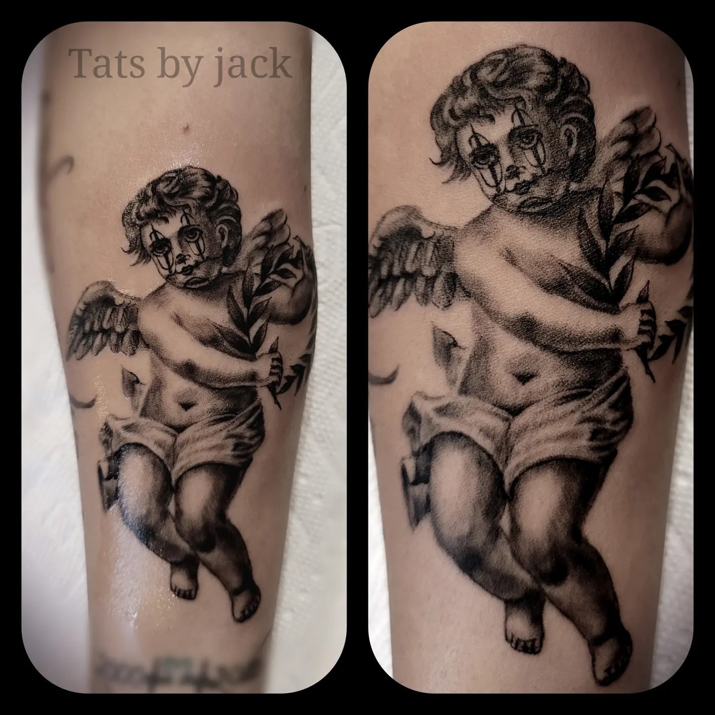 Cherub black and grey tattoo on the forearm by Jack Daniel Knowlden