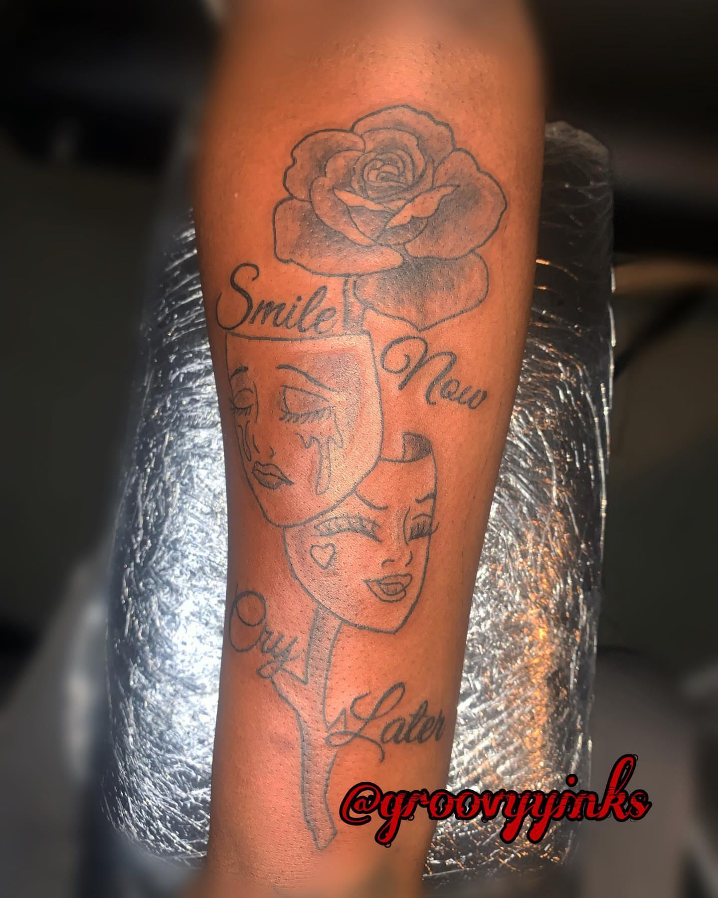 Emotional journey black and grey tattoo on the forearm by groovyyinkss