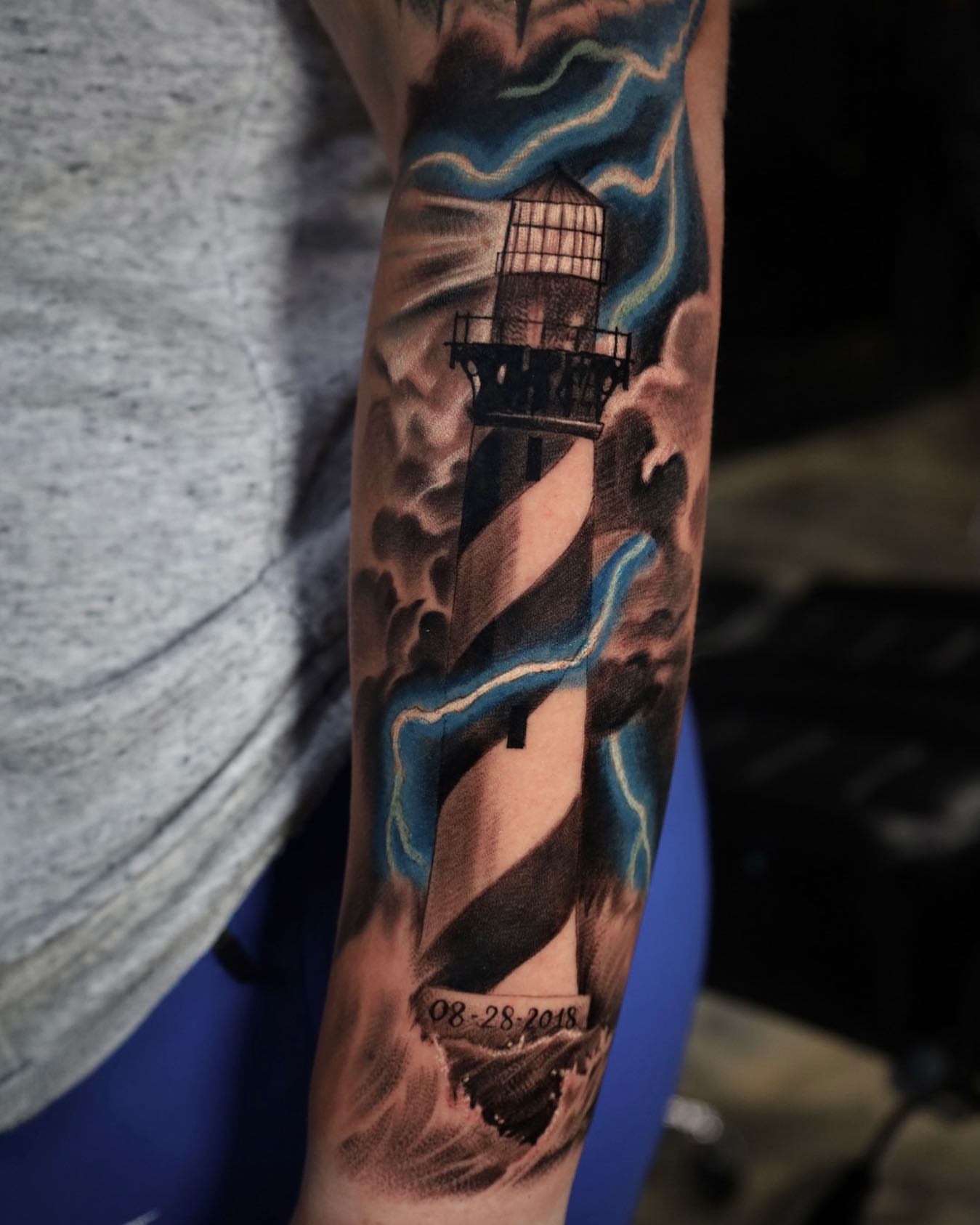 Lighthouse dotwork tattoo on the forearm by Tattoos By Chino