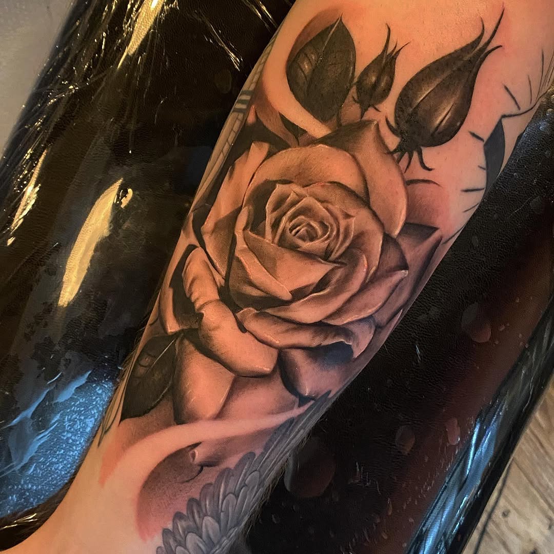 Rose with buds dotwork tattoo on the forearm by ⠀⠀ ⠀ ⠀ ⠀⠀ ⠀⠀ ⠀⠀ ⠀ ⠀⠀ ⠀⠀ᎪᎳᏃ, West Hollywood, California