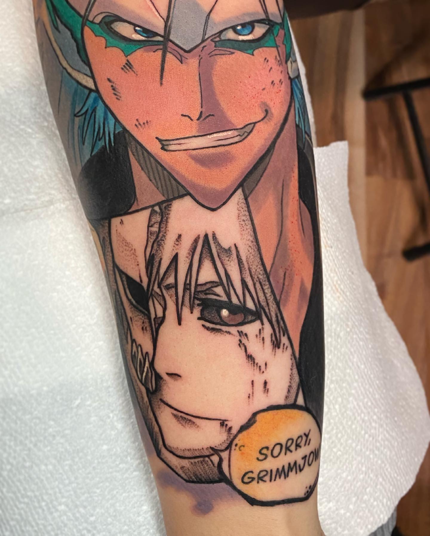 Anime characters anime tattoo on the forearm by Kara Klenk