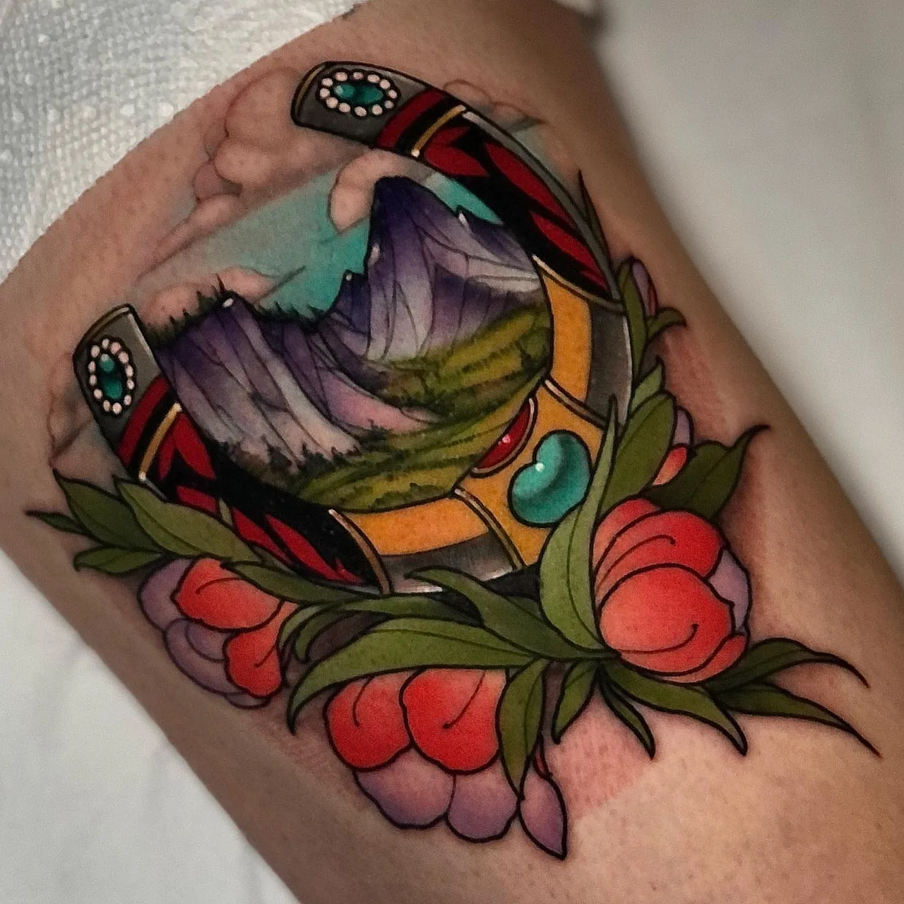 Landscape in a pocket watch American traditional tattoo on the thigh by ✤ ᴋɪʀᴀ ᴋɴᴏᴡʟᴛᴏɴ ✤