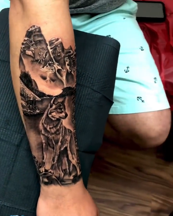 Wolf and mountains realism tattoo by Kevin Palma