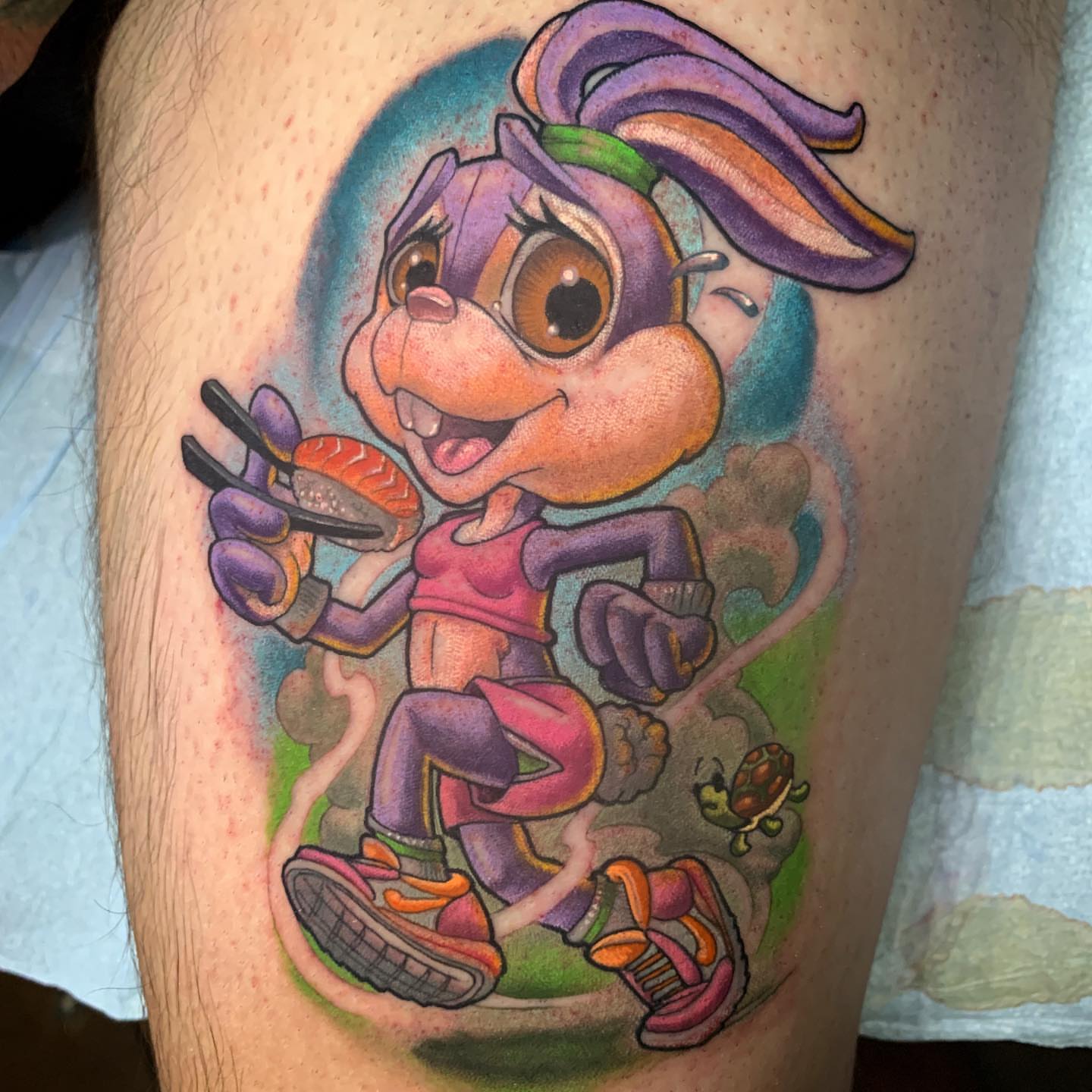 Chipmunk character new school tattoo on the thigh by Albuquerque Tattoo Artist, Albuquerque, New Mexico