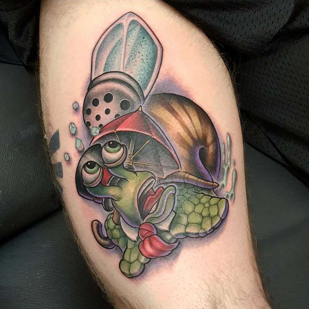 Turtle with knight helmet realism tattoo on the thigh by Don Taylor