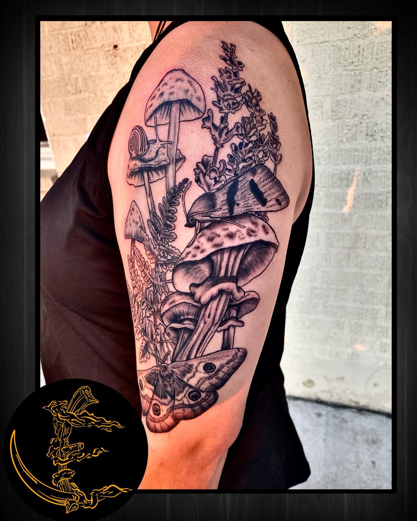 Mushroom and moth black and grey tattoo on the forearm by ☀️ 𝕵𝖆𝖒𝖎𝖘𝖔𝖓 𝕰𝖑𝖑𝖘𝖜𝖔𝖗𝖙𝖍 🌑