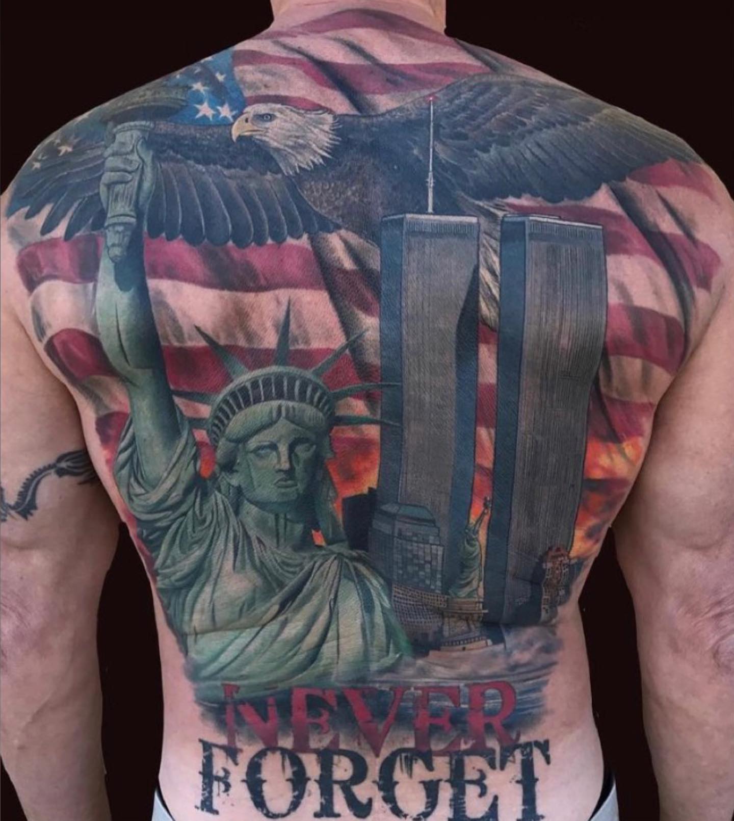 9/11 memorial realism tattoo on the back by Walter Frank