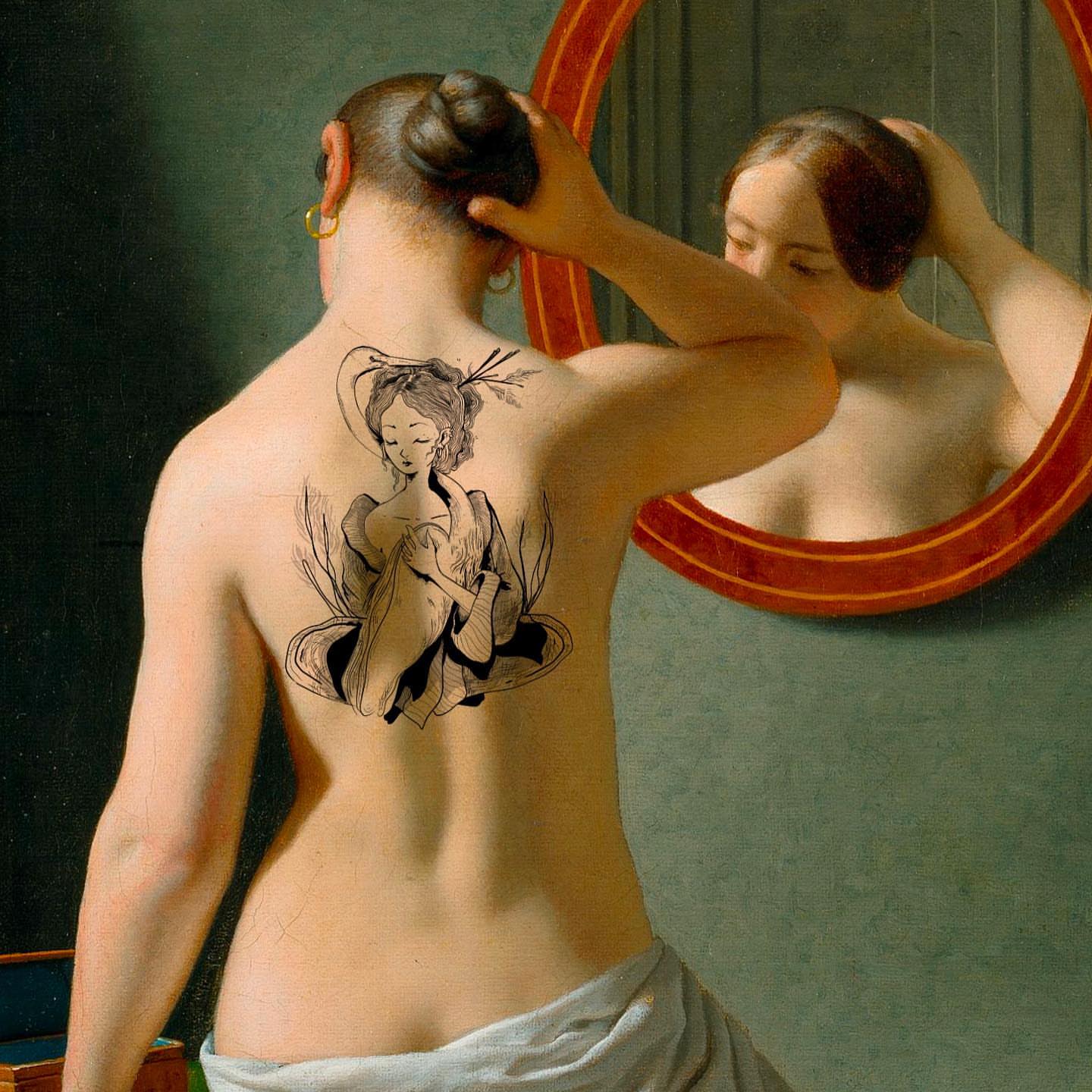 Woman black and grey tattoo on the back by ᴀmb⃘er