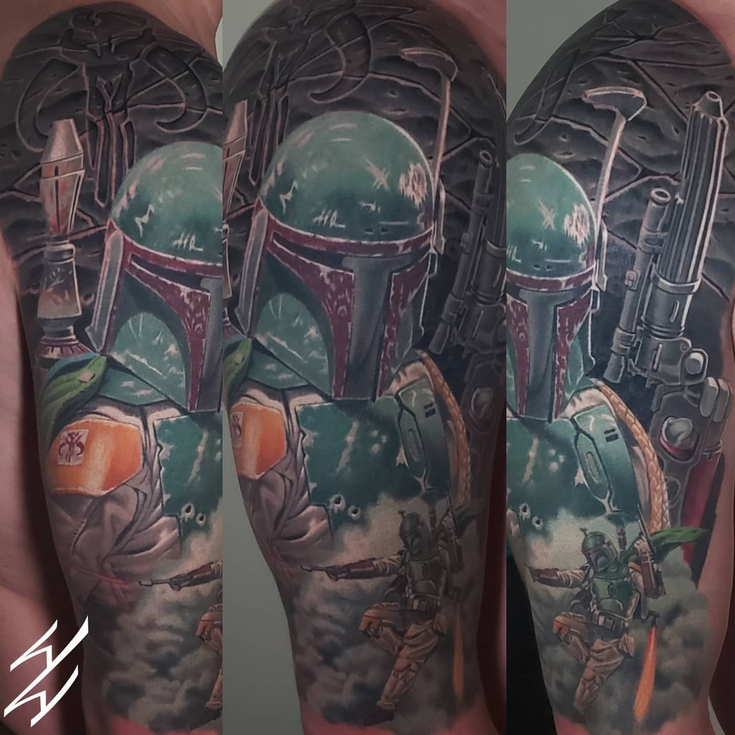 Boba fett helmet realism tattoo on the forearm by Walt Watts, Salt Lake City, Utah