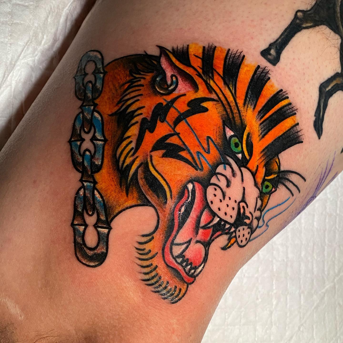 Tiger American traditional tattoo on the thigh by Jenni Hand - Tattoo, Maryville, Tennessee