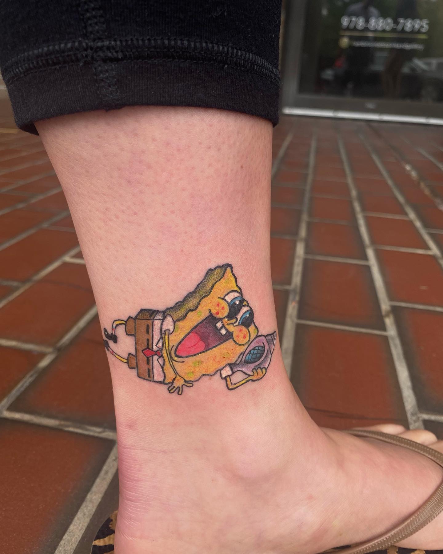 Spongebob squarepants dotwork tattoo on the foot by T, Saugus, Massachusetts