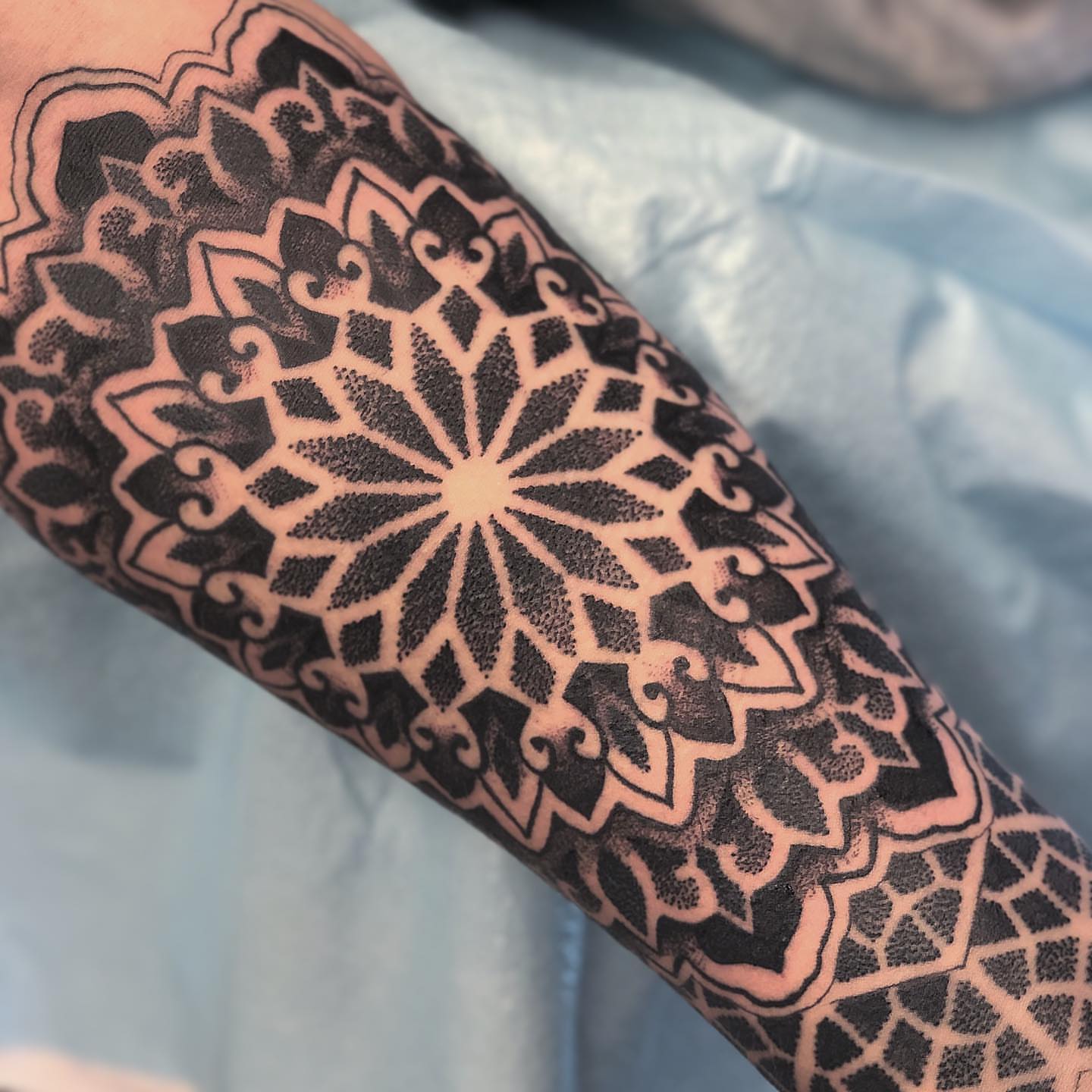 Geometric mandala geometric tattoo on the forearm by Steven Campbell, Kansas City, Missouri