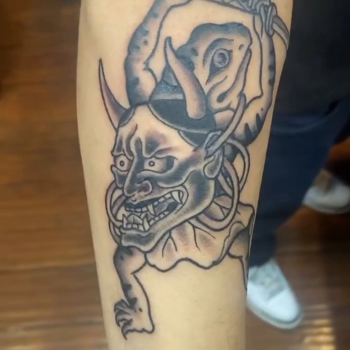Oni mask with sword japanese irezumi tattoo by Seth Griffin