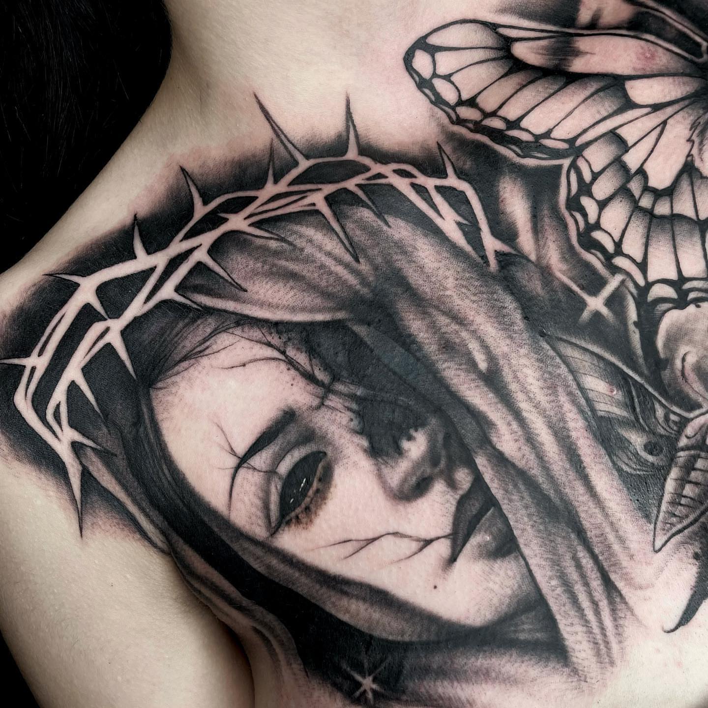 Woman with crown of thorns realism tattoo on the chest by 𝖎 𝖆𝖒 𝖗𝖔𝖙𝖙𝖎𝖓𝖌 𝖜𝖎𝖙𝖍 𝖞𝖔𝖚