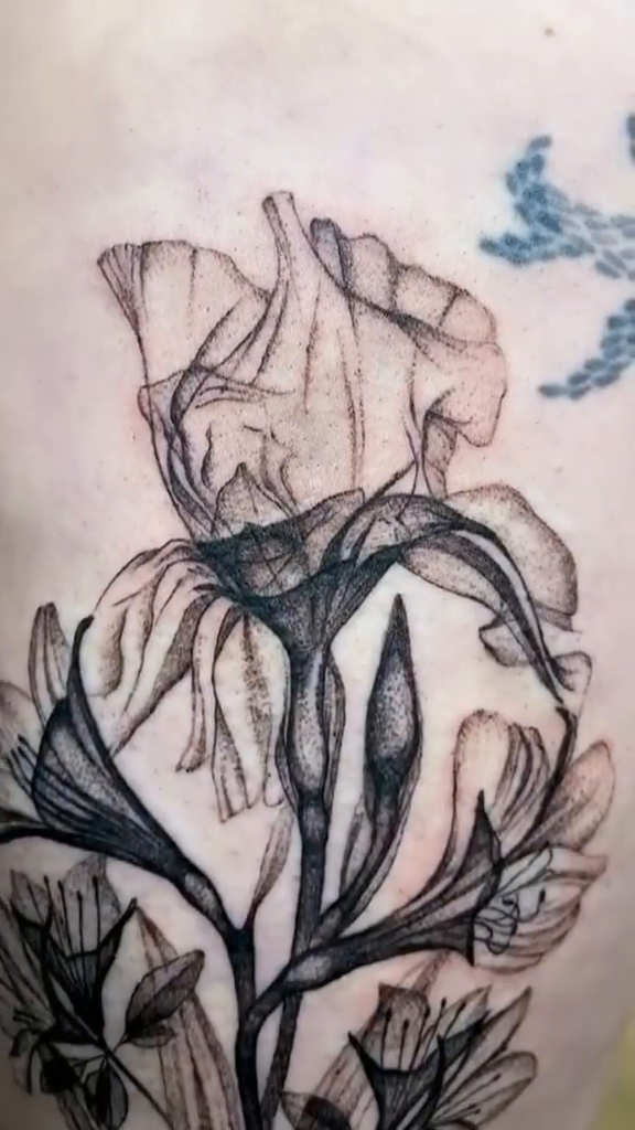 Iris flowers fine line tattoo by Ruby Gore, Portland, Oregon