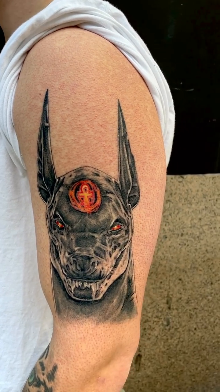 Anubis head dark realism tattoo by Matthew Diaz