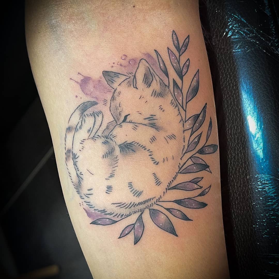 Cat watercolor tattoo on the forearm by Sonia